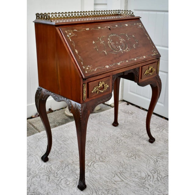 Antique Carved & Inlaid Mahogany French Style Slant Front Desk W/Brass Gallery For Sale - Image 11 of 12
