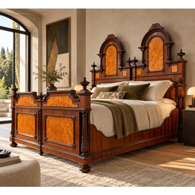 19th Century Italian Renaissance Revival Mahogany and Birdseye Maple Bed, 1980s For Sale - Image 4 of 10