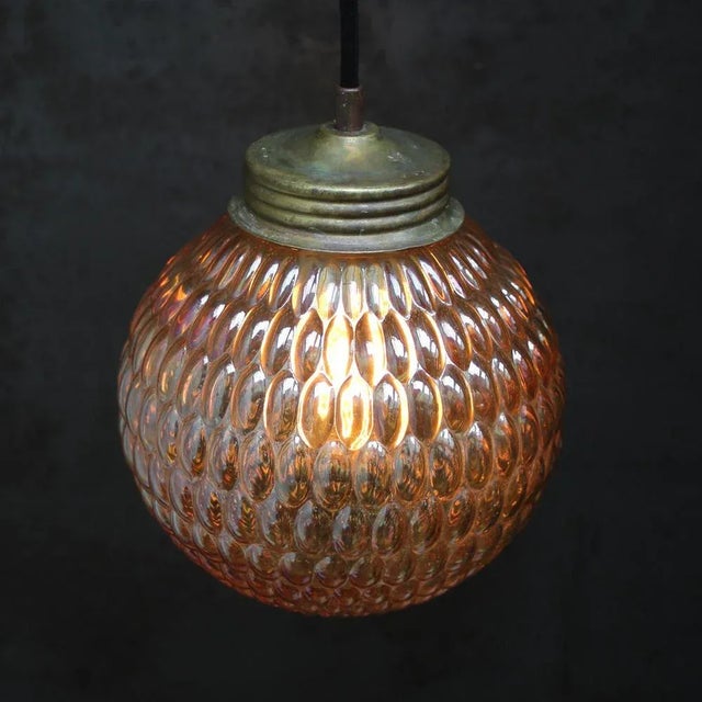 Mid-Century Brass Top Pendant Lights in Amber Glass For Sale - Image 6 of 7