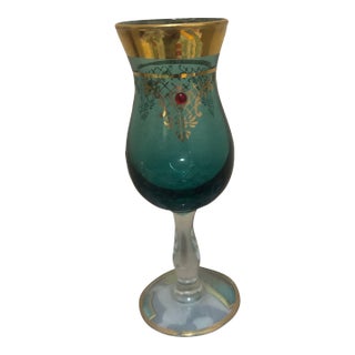 Vintage Murano-Style Venetian Teal Blue Cordial Glass With 24k Gold Gilt & Red Gem Accents For Sale