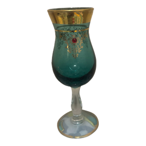 Vintage Murano-Style Venetian Teal Blue Cordial Glass With 24k Gold Gilt & Red Gem Accents