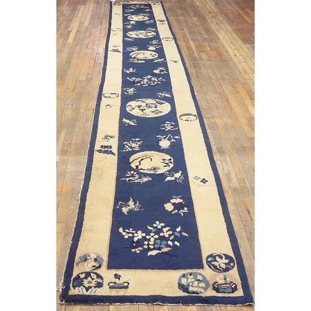 Chinese 1880s Blue Floral Antique Imperial Traditional Chinese Peking Rug Knotted Runner For Sale - Image 3 of 6
