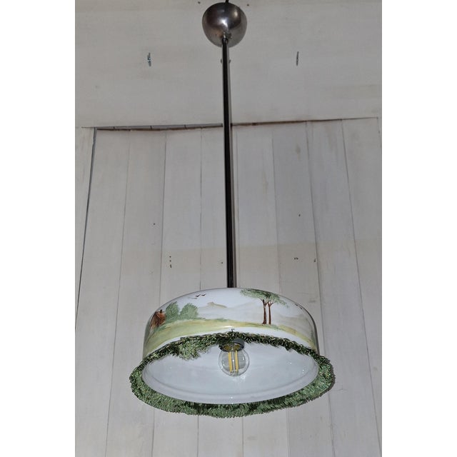 German Hanging Lamp with Hand-Painted Glass Shade, 1920s For Sale - Image 6 of 9