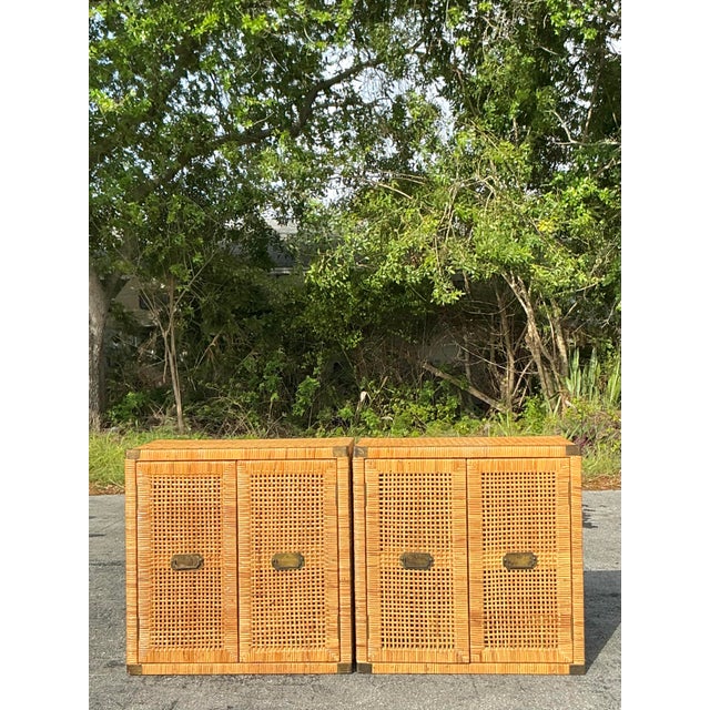 Introduce organic elegance to your space with this pair of vintage coastal woven rattan cabinets. Designed with a breezy,...