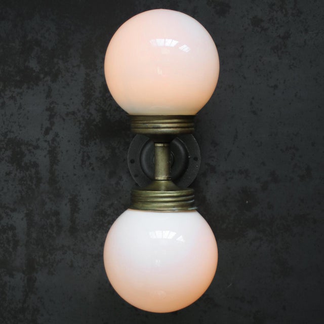 Gold Vintage Double Sconce Wall Lamp in Cast Iron, Opaline Glass and Brass For Sale - Image 8 of 10