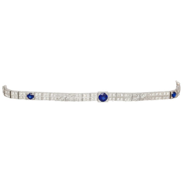Early 20th Century Antique Art Deco Platinum Filigree Blue Sapphire & Diamond Bracelet For Sale - Image 5 of 10