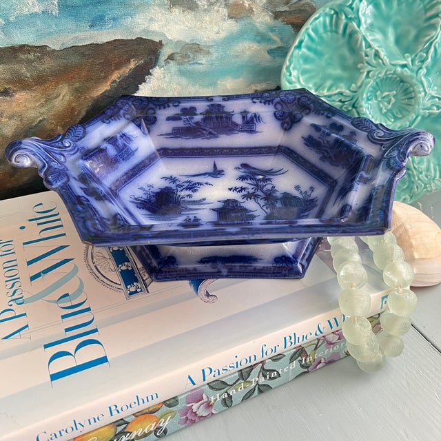 Antique Flow Blue hexagon rimmed pedestal bowl with "Chusan" pattern by Clementson Bros. Flow Blue pieces are so named for...