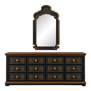 Vintage 1970s Drexel-Attributed Lowboy Dresser — Custom Midnight Blue & Gilded Finish, 4-Bank Drawer Configuration For Sale