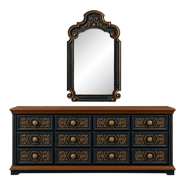 Vintage 1970s Drexel-Attributed Lowboy Dresser — Custom Midnight Blue & Gilded Finish, 4-Bank Drawer Configuration For Sale