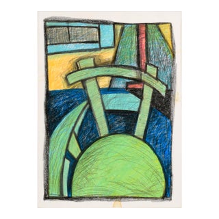 The Desk Chair - Cubist Interior Scene in Crayon on Paper by Michael William Eggleston For Sale