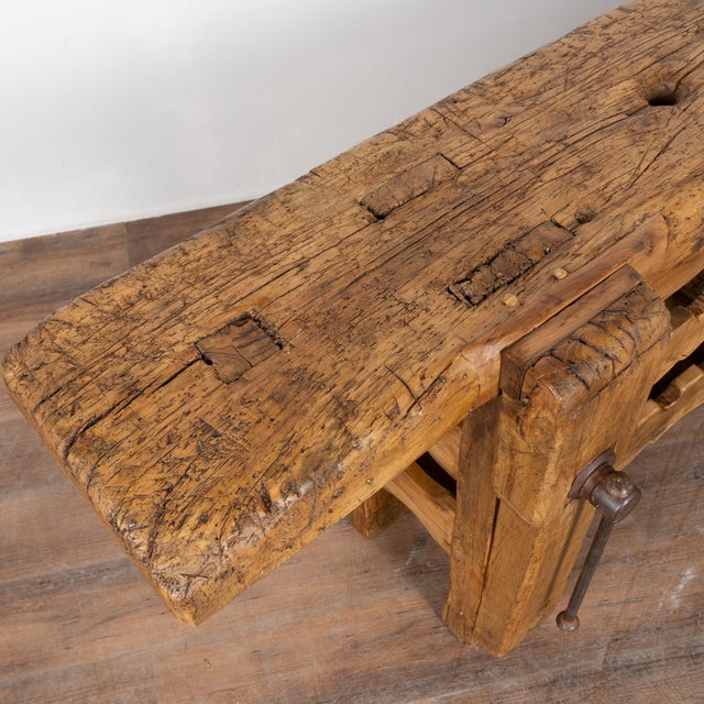 ​​​​​​​19th Century Rustic French Carpenter's Workbench Wine Rack Console Table For Sale - Image 4 of 14