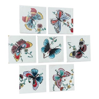 Mid-Century Modern Hand-Painted Butterfly Ceramic Tiles, Spain, Set of 7 For Sale