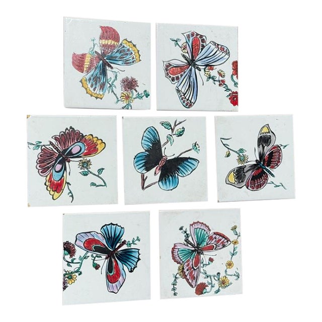Mid-Century Modern Hand-Painted Butterfly Ceramic Tiles, Spain, Set of 7 For Sale
