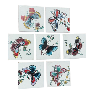 Mid-Century Modern Hand-Painted Butterfly Ceramic Tiles, Spain, Set of 7