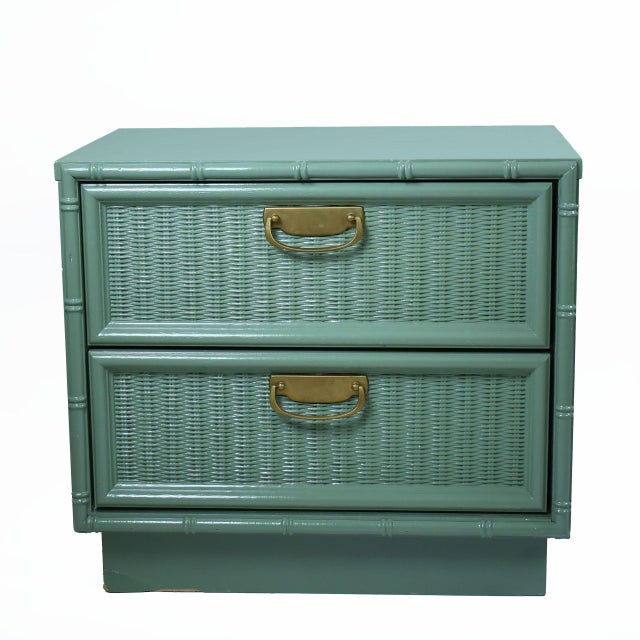 A single nightstand in a rich green finish, with a drawer and storage for bedside essentials. The saturated color makes it...