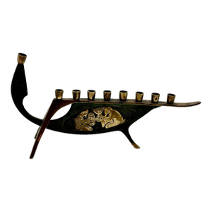 1960s Mid-Century Brass Boat Menorah With Damascene Etching | Vintage Judaica Art Sculpture