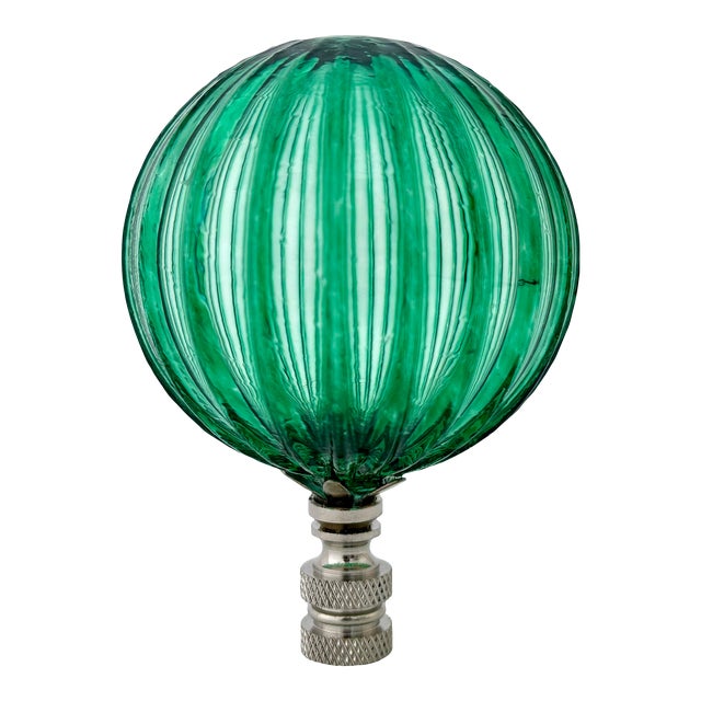 Ribbed Optic Glass Lamp Finial in Green on Chrome Hardware For Sale