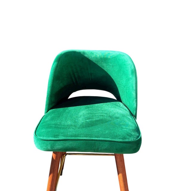 Wood Set of 4 Mid-Century Barstools | Green Velvet Brass Accent Bar Stools For Sale - Image 7 of 7