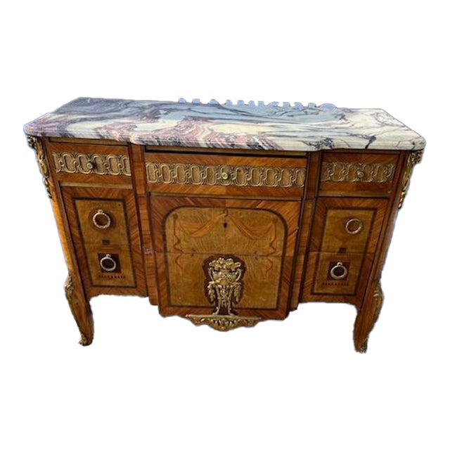 1880 French Louis XV Walnut Inlaid & Marble Top Chest of Drawers / Commode For Sale