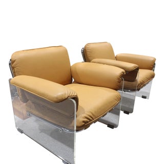 Pair of Argenta Lucite Chairs in Leather Attributed to Pace Collection - 1970's For Sale