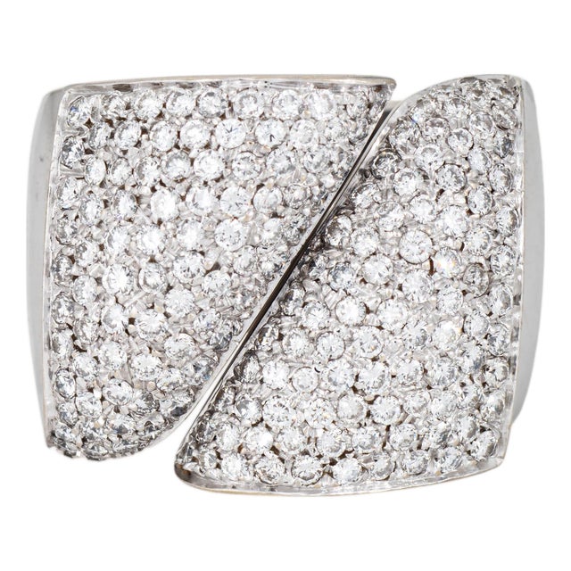 1980s Portuguese 1.75ct Pave Diamond Cigar Ring 18k White Gold Wide Band Sz 6.5 For Sale