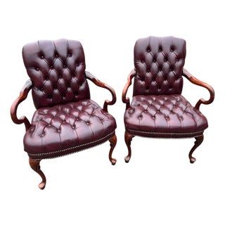 Late 20th Century Pair Red Chesterfield Tufted Leather Gooseneck Library Armchairs For Sale
