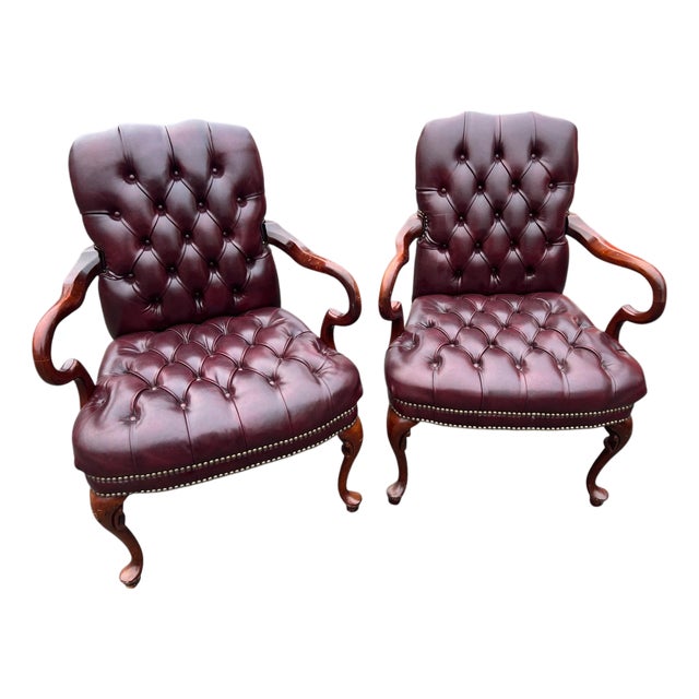 Late 20th Century Pair Red Chesterfield Tufted Leather Gooseneck Library Armchairs For Sale