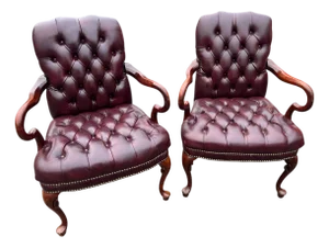 Late 20th Century Pair Red Chesterfield Tufted Leather Gooseneck Library Armchairs