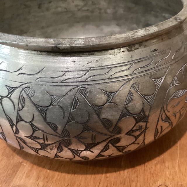 Persian Antique Middle Eastern Siver on Copper Hand Etched Embossed Pattern Bowl For Sale - Image 3 of 11