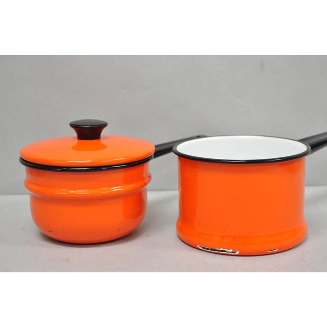 Vintage Enamel Orange & Black Metal Double Boiler Nesting Pot W/ Lid For Sale - Image 9 of 13