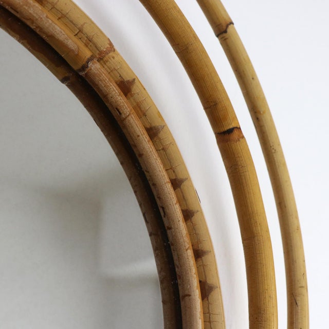 Mid-Century Modern Vintage Round Wicker and Bamboo Mirror, 1970s For Sale - Image 3 of 5