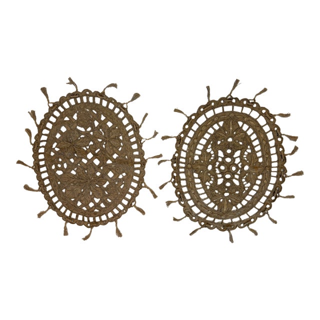 2 Italian Antique Doilies Hand Embroidered For Sale