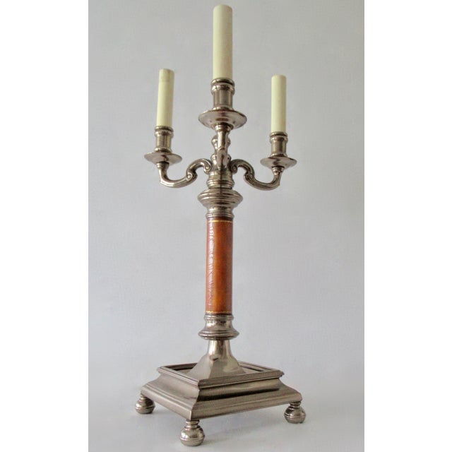 Maitland - Smith C.1990's Maitland-Smith 3-Bulb Candelabra, Tole Lamp & Leather/Metal Shade For Sale - Image 4 of 15