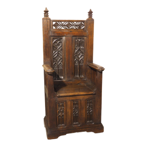 French Gothic Style Carved Oak Chayère Throne Chair, 19th Century