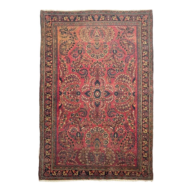 Antique Sarouk in Original Dyes Floral Sprays with Movement & Harmony Rug 4.2 x 6.4 For Sale