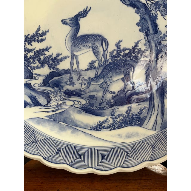 Japanese Late 19th Century Large Japanese Blue and White Charger With Crescent Moon, Tree, and Deer For Sale - Image 3 of 13
