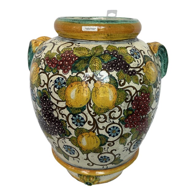 Hand Painted Large Italian Ceramic Vase Featuring Grape and Lemon Design For Sale