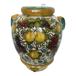 Hand Painted Large Italian Ceramic Vase Featuring Grape and Lemon Design