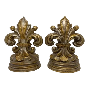 Late 20th Century Fleur De Lis Bookends With Antique Gold Finish - a Pair