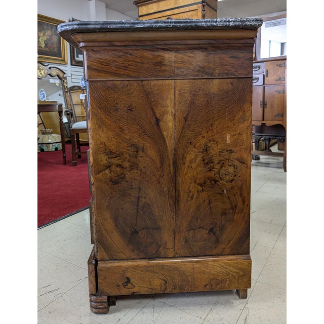 French Antique French Louis Philippe Burl Walnut Marble-Top Commode, Circa 1850’s For Sale - Image 3 of 12
