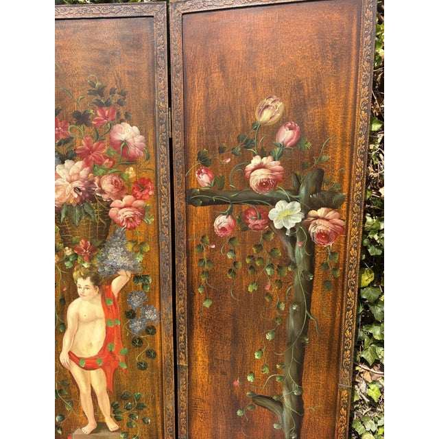 Antique Rococo French Three-Fold Hand-Painted Wood Romantic Cherub and Floral Room Divider, 1890s For Sale - Image 15 of 18
