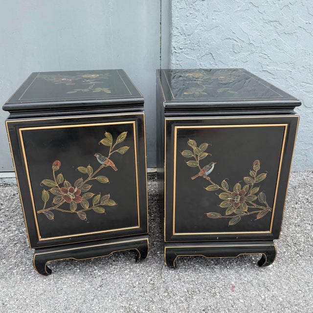 Vintage Cantonese Black Lacquered Hand Painted Nightstands - A Pair For Sale - Image 4 of 11