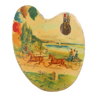 Antique Huntley & Palmers Scarce Palette Shaped Biscuit Tin, c.1910, Rare Lithographyed Horse Drawn Hurdy Gurdy For Sale