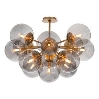 Shine Globe Flush Mount, Natural Brass with Smoke Glass For Sale