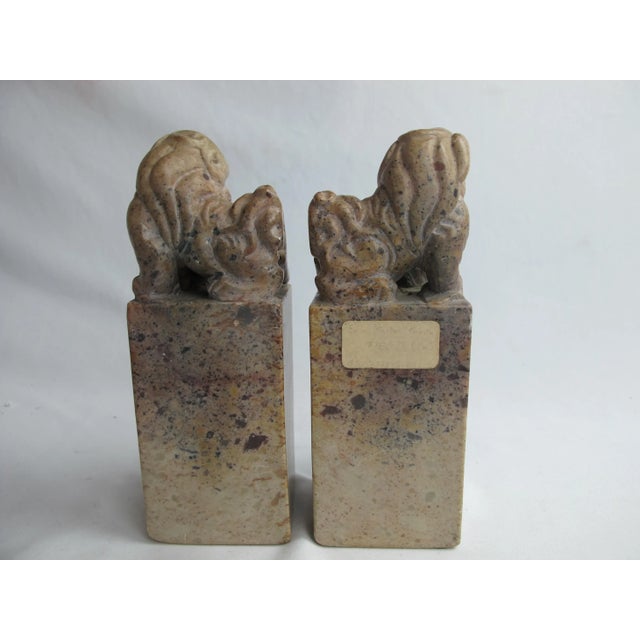 Chinese Brown Soapstone Foo Dog Carving Chop Seal Figurine Bookend Pair For Sale - Image 4 of 8
