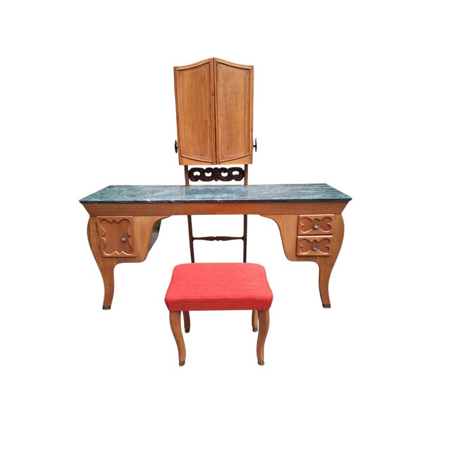 Mid-Century Modern Vintage Mirrored Dressing Table with Marble Top and Stool by Mario Cereghini, 1940s, Set of 2 For Sale - Image 3 of 13