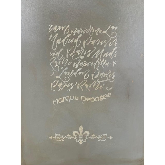 1990s Authentic Drexel Chest of Drawers – French Country Style in Distressed Grey Patina With Script Motif For Sale - Image 13 of 15
