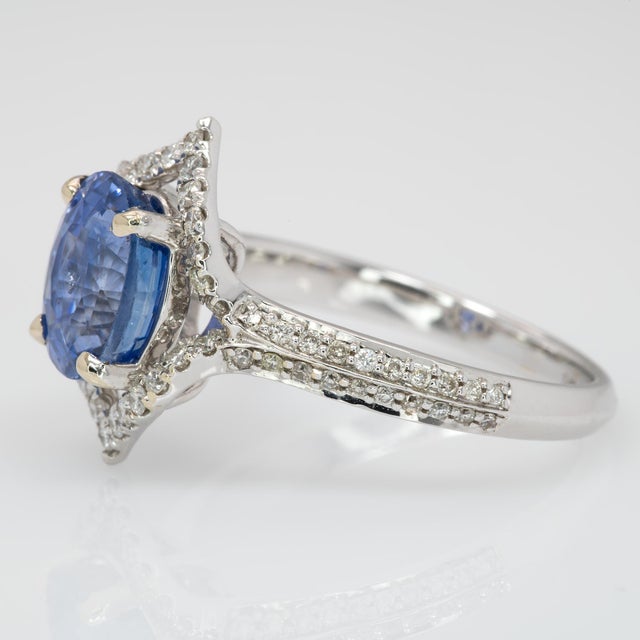 Metal 2.8ct Ceylon Sapphire Ring W Earth Mined Diamonds in Solid 14k Gold Oval 9x7mm, Size 6.75 For Sale - Image 7 of 8