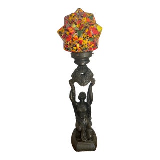 Early 20th Century Spelter Joan of Arc Lamp With Starburst End of Day Globe For Sale