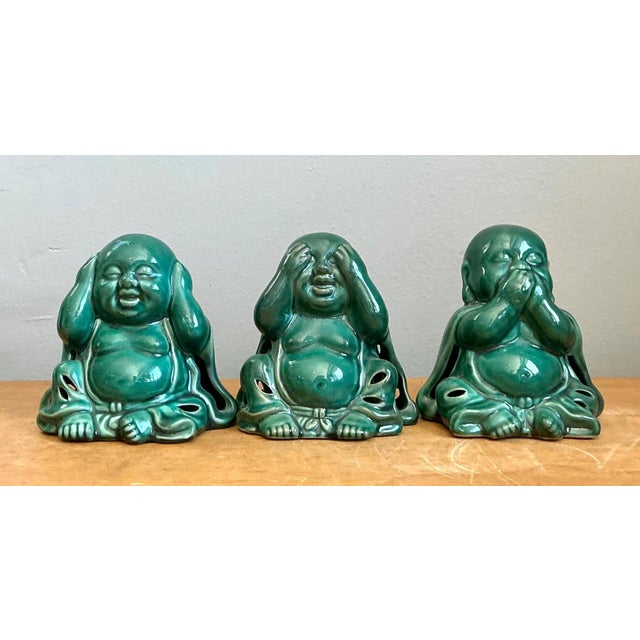 Green Vintage Ceramic Buddha Figurines - Set of 3 For Sale - Image 8 of 15